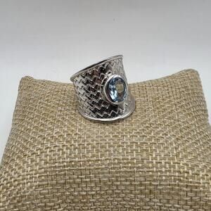 Modernist Sterling Silver 925 Wide Textured Band Blue Topaz Statement Ring 7